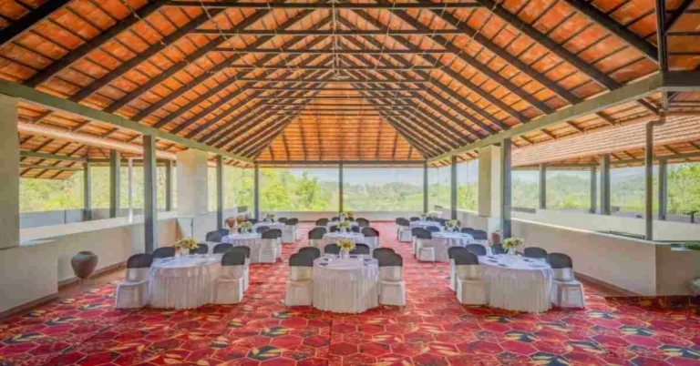 Image showcasing catering items at a vacant event spot.