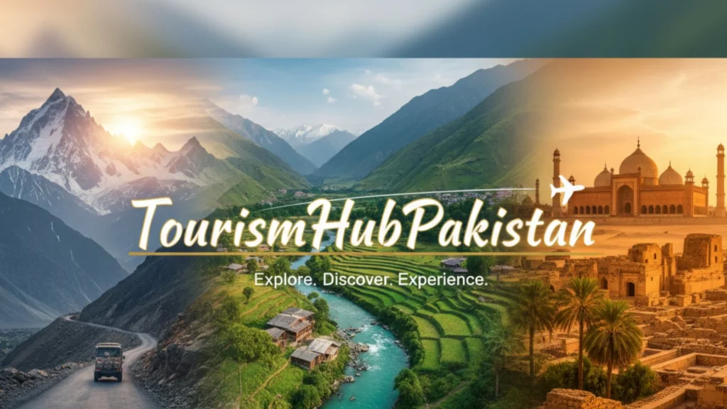 This image is on hero section of home page of the Tourism Hub Pakistan and this image is showcasing the title, tag and important tourism aspects and places of Pakistan.